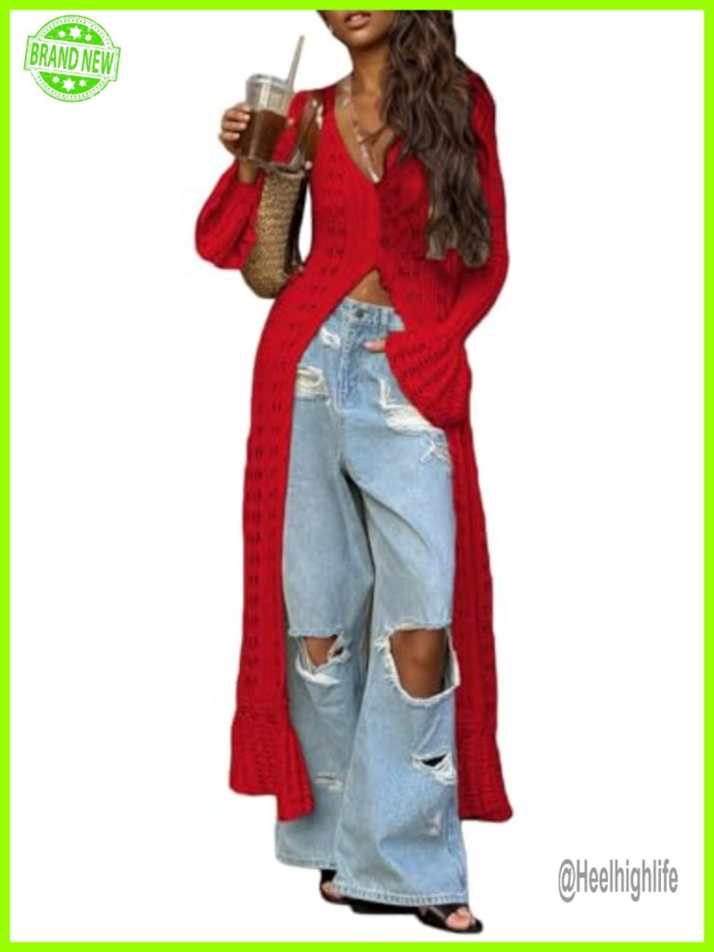 Crochet Hollow Out Knit Maxi Cardigan Button Down Long Sleeve Cover Up